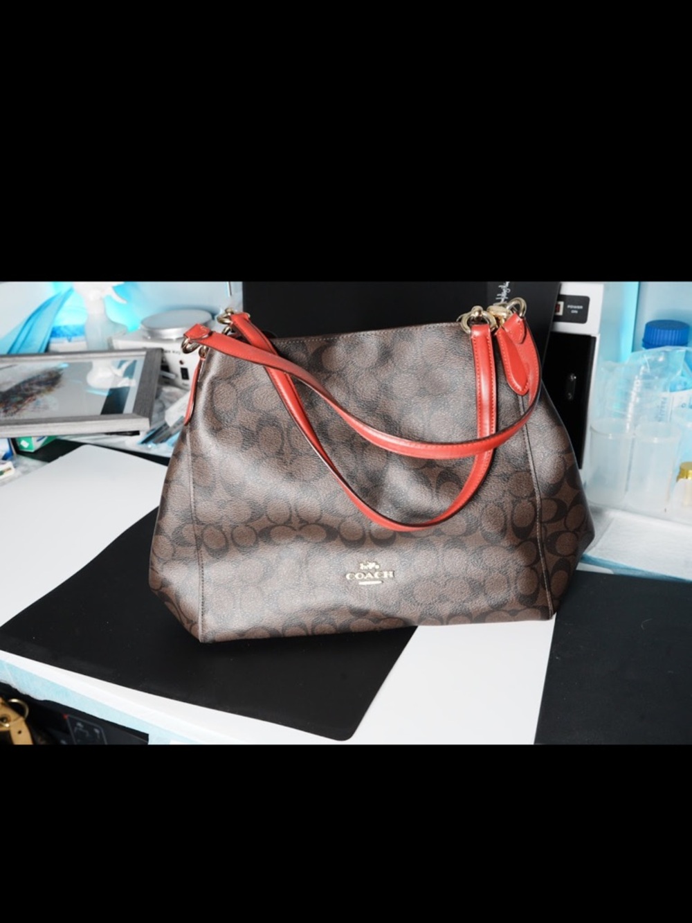 Coach Brown Signature Shoulder Bag with Red Leather Straps